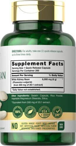 White Kidney Bean 6000mg Carb Blocker 200 Caps Non-GMO/Gluten Free/No Preserv