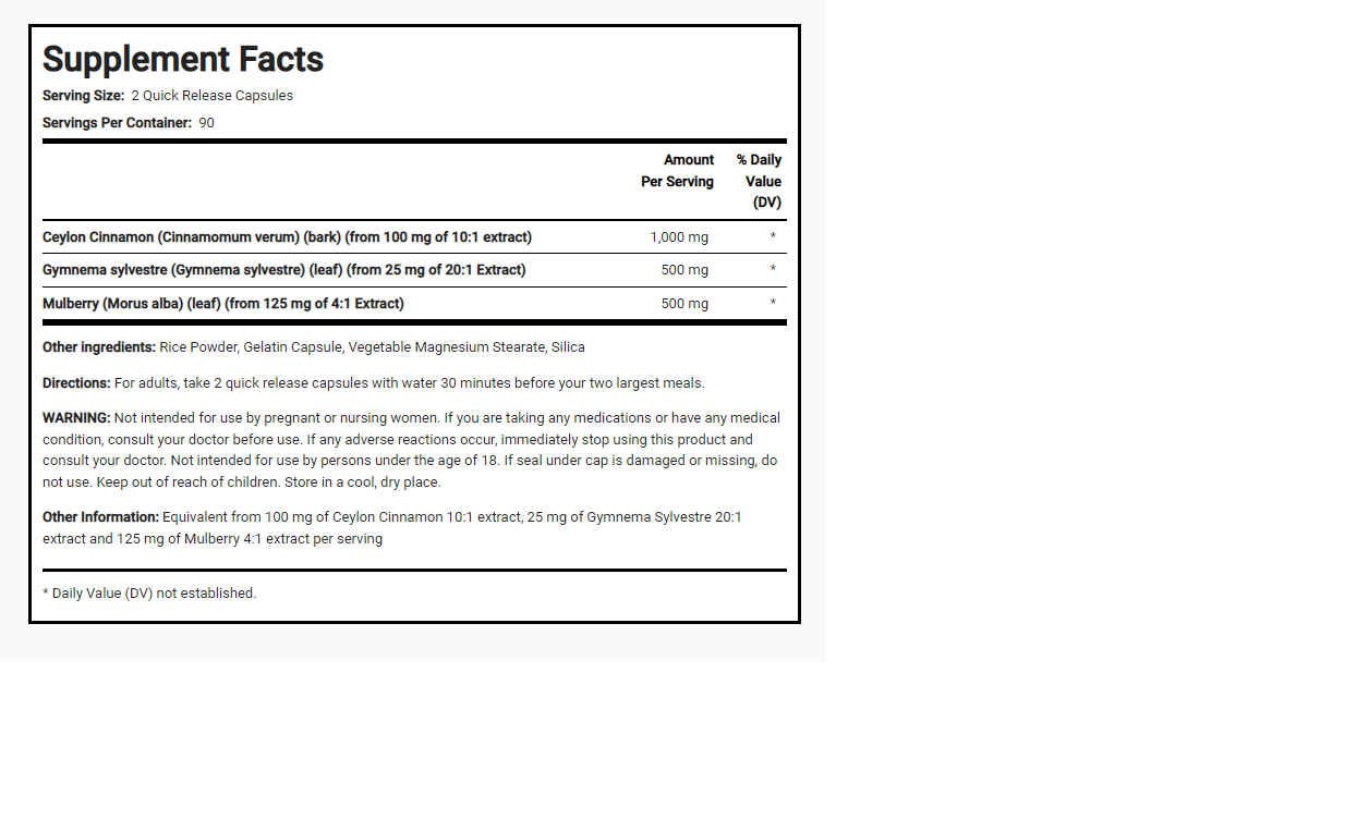 Cinnamon Gymnema Sylvestre Mulberry Complex 1500mg per 2-2X90Caps AMPK Activator