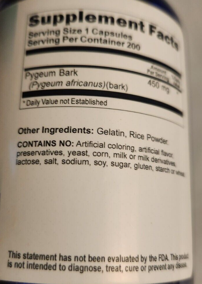 Pygeum Bark 450mg 5X200 Caps 450 mg per Capsule 900mg/per 2 Capsules