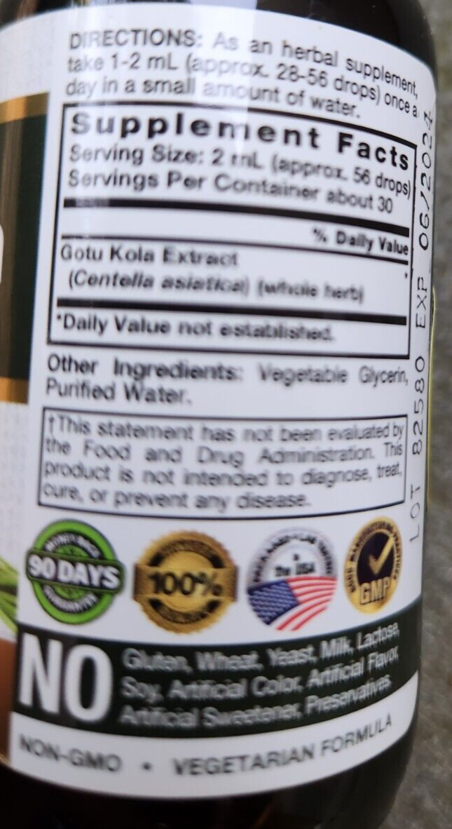 Gotu Kola 2000mg Alcohol-Free 2 fl oz Non-GMO/Gluten-Free/Vegeterian