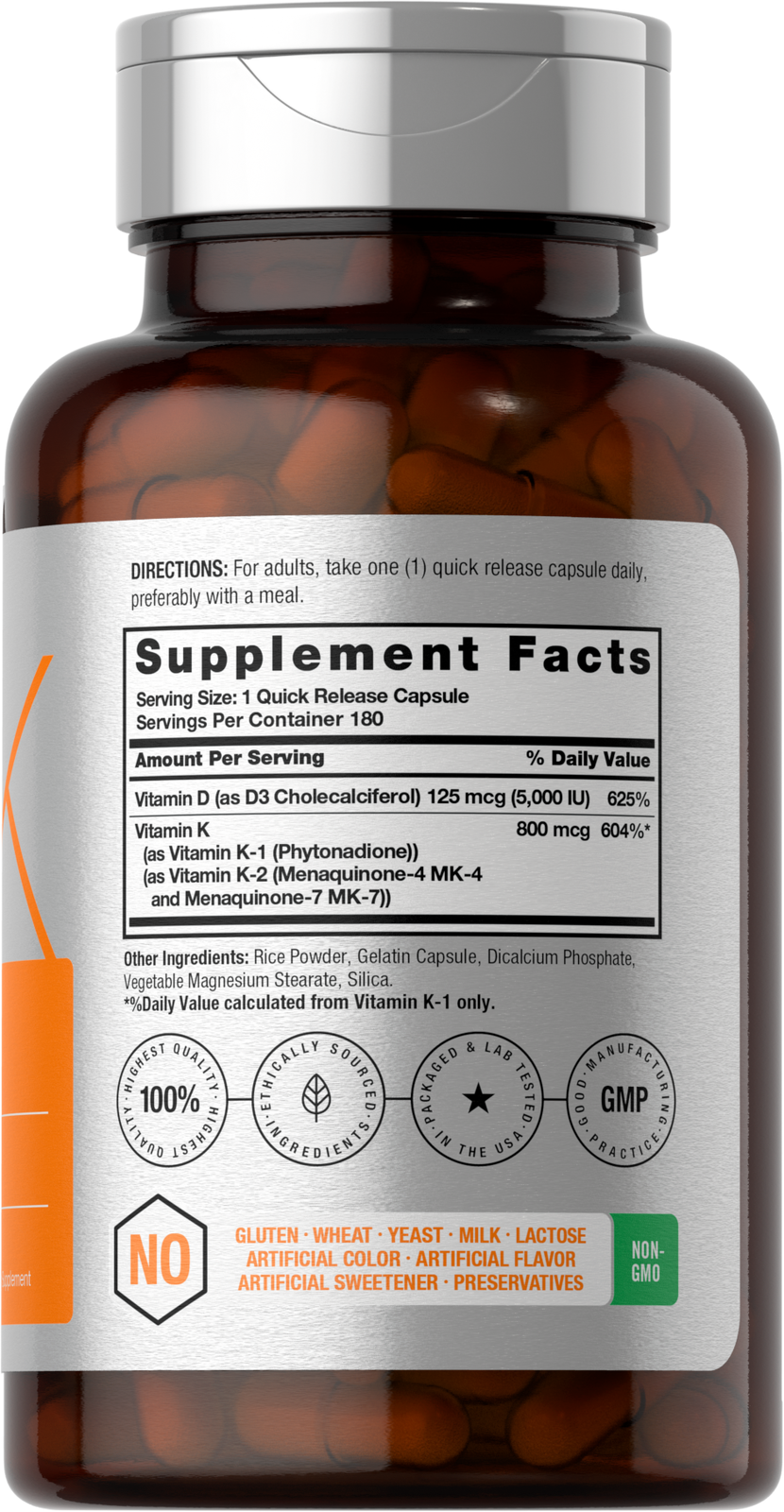 Vitamin K2 MK7 800mcg with D3 Menaquinone 180 Caps D3 5000 IU Non GMO