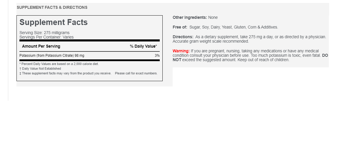 Potassium Citrate 1000mg Bulk 500 servings 500gram Bag Muscle/Metabolism/Energy