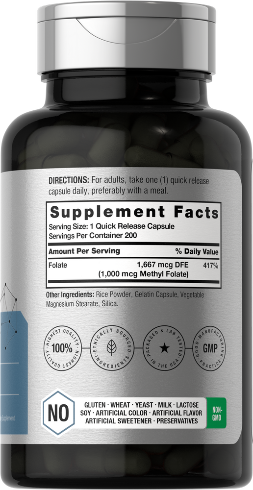 Methyl Folate 1000mcg 200 Caps 5-MTHF Methylfolate Higher Potency Folate