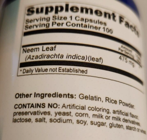 Neem Leaf 475mg Blood Sugar Support 100 Caps Neem 950mg per 2 Caps Azadirachta