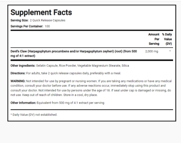 Devil's Claw 2000mg 200 Caps Non GMO Harpagophytum procumbens