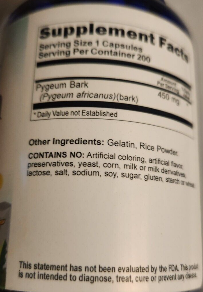 Pygeum Bark 450mg 2X200 Caps 450 mg per Capsule 900mg/per 2 Capsules