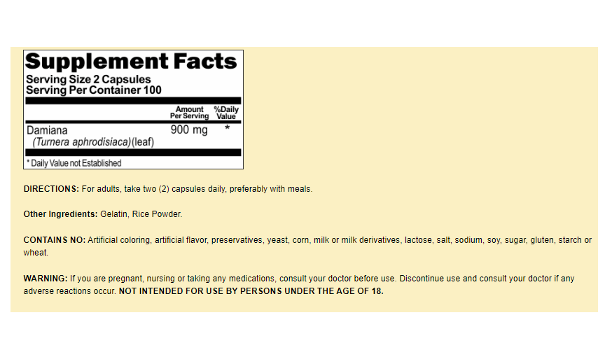Damiana 900mg Turnera Aphrodisiaca Leaf 2X200 caps
