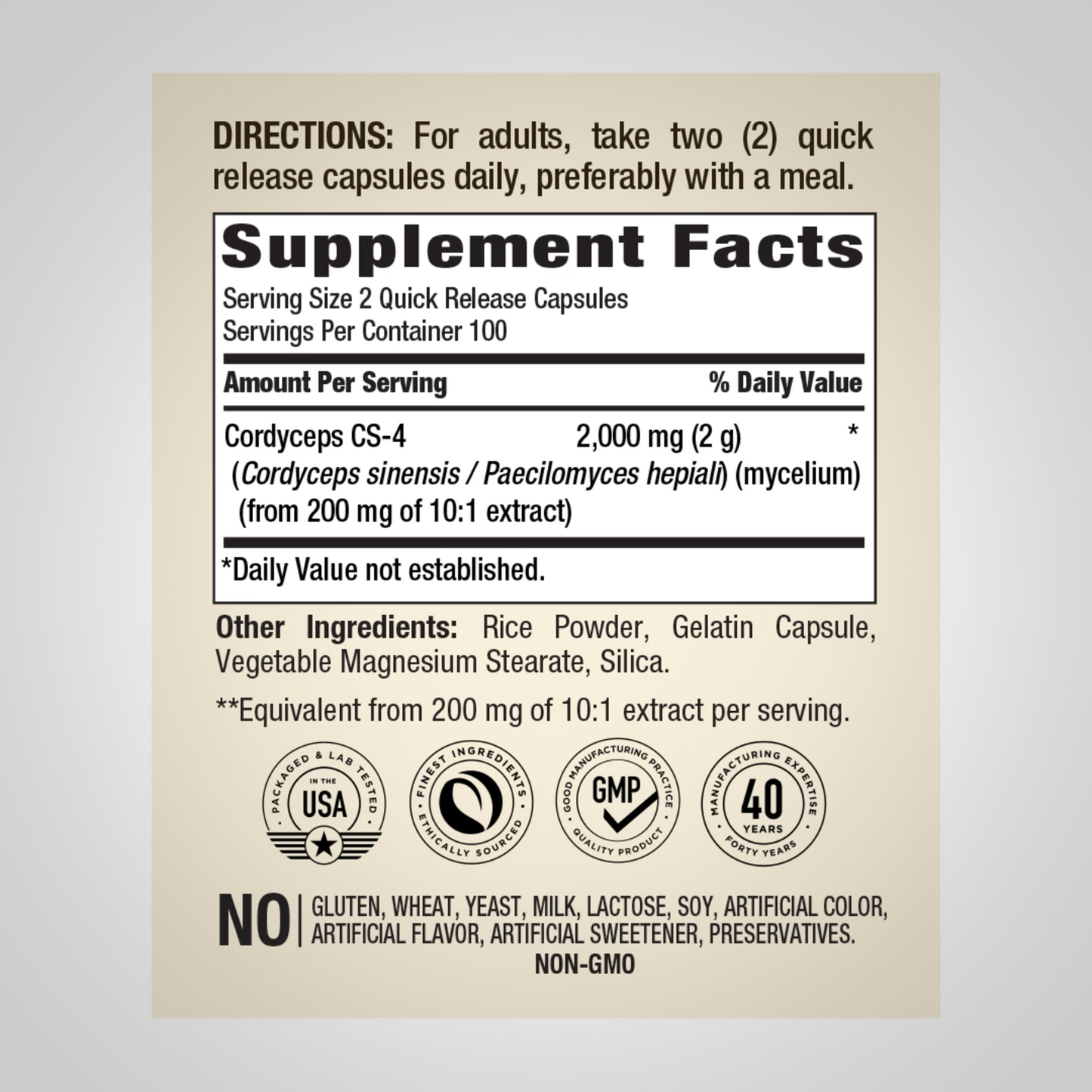 Cordyceps Sinensis Capsules 2000mg 2X200 Caps Mushroom CS-4 Strain Non GMO