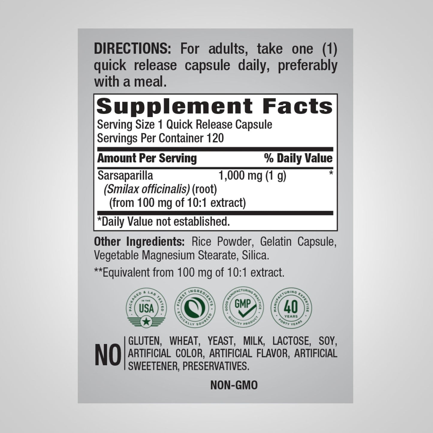 Sarsaparilla Root 1000mg 120 Caps Non-GMO Smilax officinalis No Gluten Free
