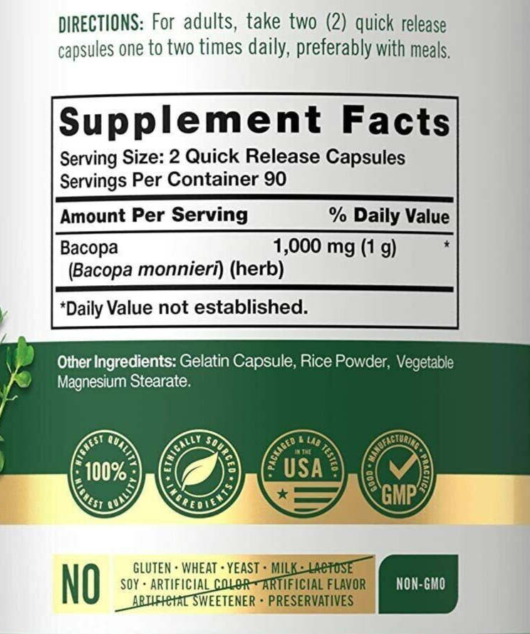 Bacopa Monnieri Leaf 1000mg 180 Caps Non GMO/No Gluten