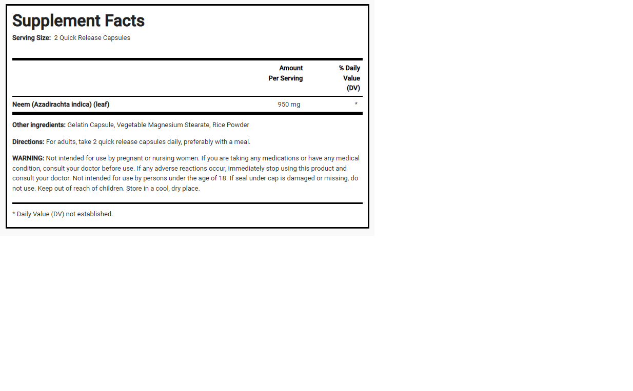 Nature's Way Neem Leaf 950mg 5X100 Caps AYURVEDIC INTESTINAL HERB