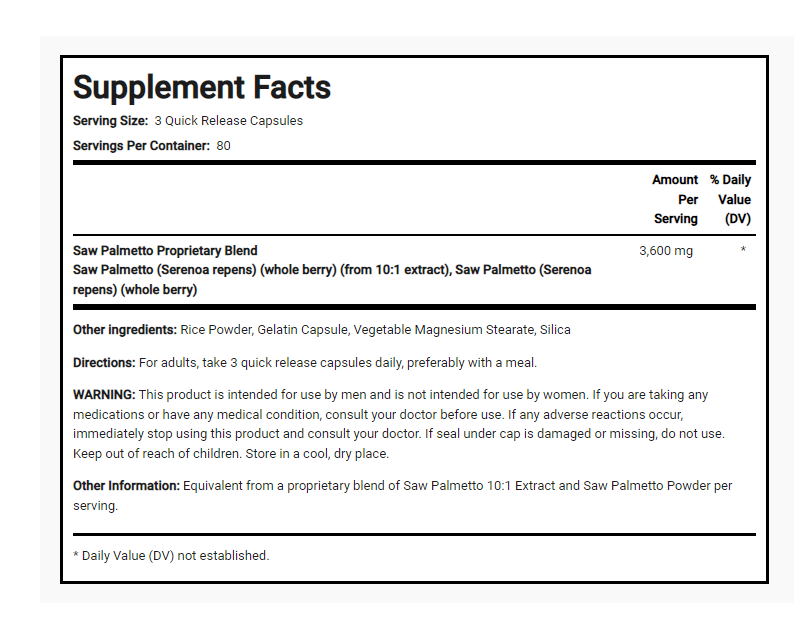 Saw Palmetto 3600mg 5X240 Caps Gluten Free/No Soy/No Preservatives