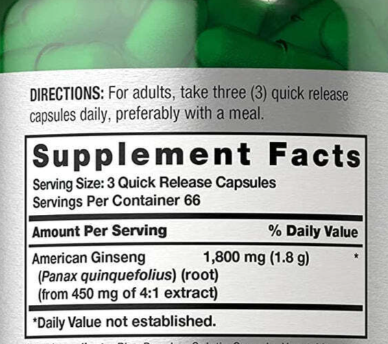 American Ginseng 1800mg Panax Root 200 Caps Non-gmo Gluten Free