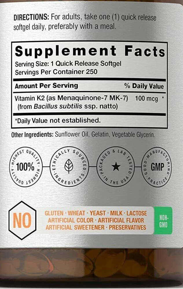 Vitamin K2 MK-7 100mcg Menaquinone-7 250gels Non-GMO/No Gluten/No Preservatives