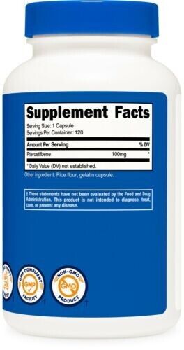 Pterostilbene 100mg 120 Capsules, Non-GMO/Gluten Free/GMP Compliant