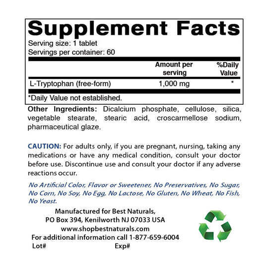 L-Tryptophan 1000mg per Tablet 60 Tabs Natural No Preservatives