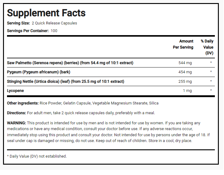 Prostate Aid Support Herbal Complex Saw Palmetto/Pygeum/Lycopene 200 Caps