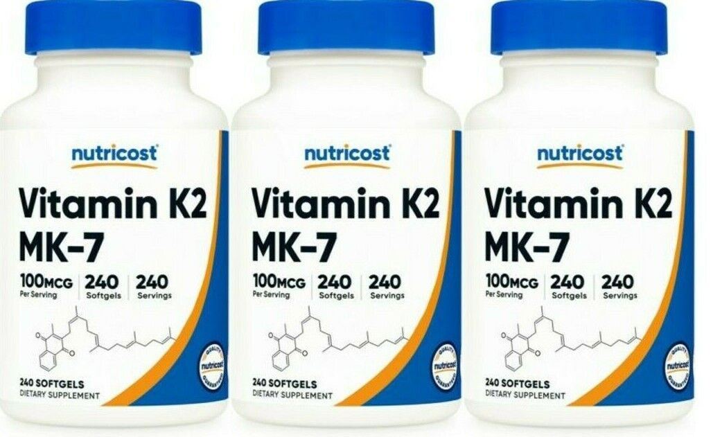 Vitamin K2 MK-7 100 mcg, 3X240 gels Gluten Free/Non-GMO Nutricost Menaquinone-7