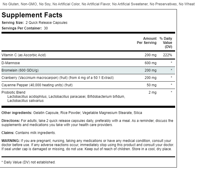 D-Mannose/Cranberry/Bromelain/Vitamin C/Probiotic 60 Caps Urinary Tract
