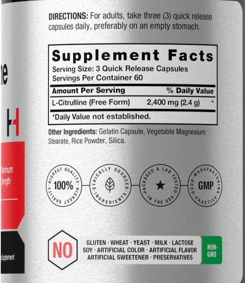 L-Citrulline 2400mg 180 Caps Maximum Strength NonGMO/No Gluten/No Preservatives