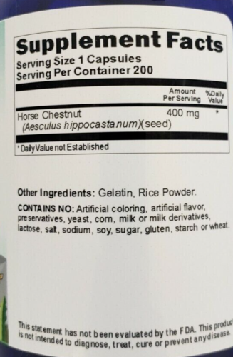 Horse Chestnut 400mg 200 Caps Aesculus Hippocastanum Seed