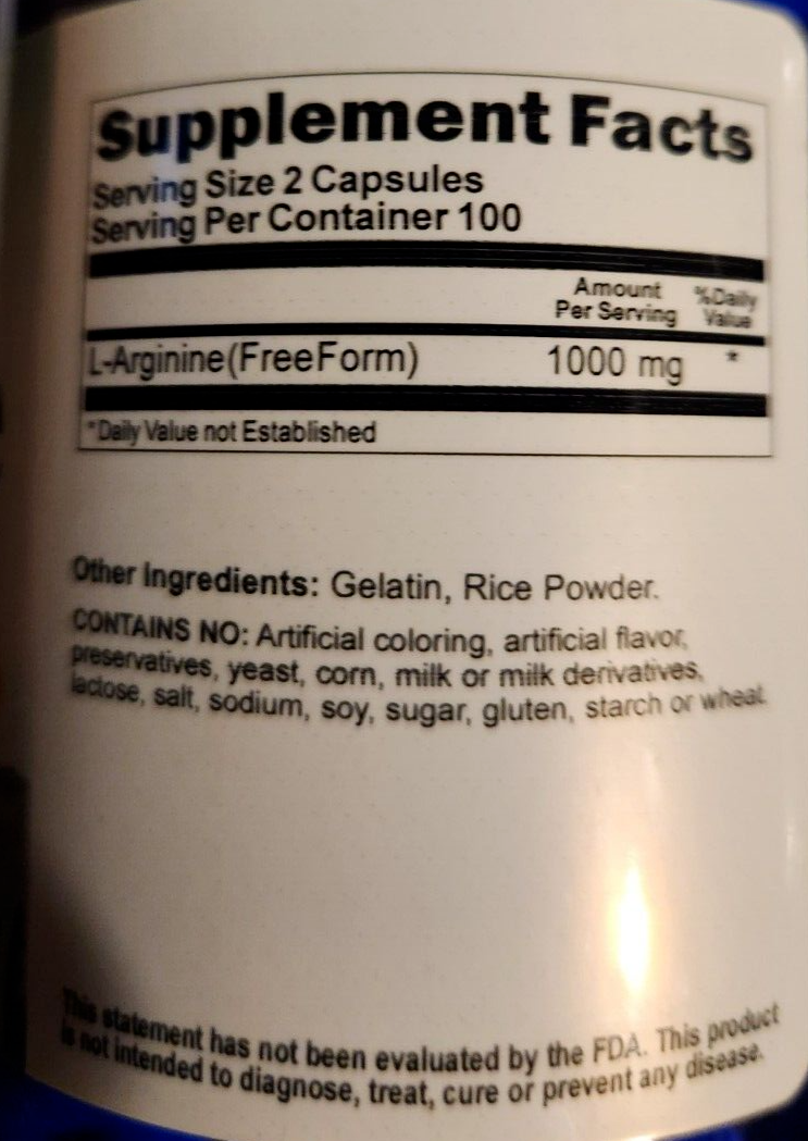 L-Arginine 1000mg 2X100 or 1x200 Free Form by Vitamins Because USA Highest Form