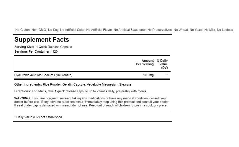 Piping Rock Hyaluronic Acid 100mg 120 Capsules Joint Formula Non-GMO Bioavail