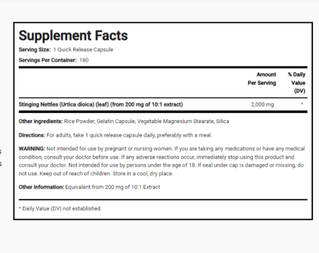 Stinging Nettles 2000mg 2X180 Capsules(Urtica dioica) (leaf)