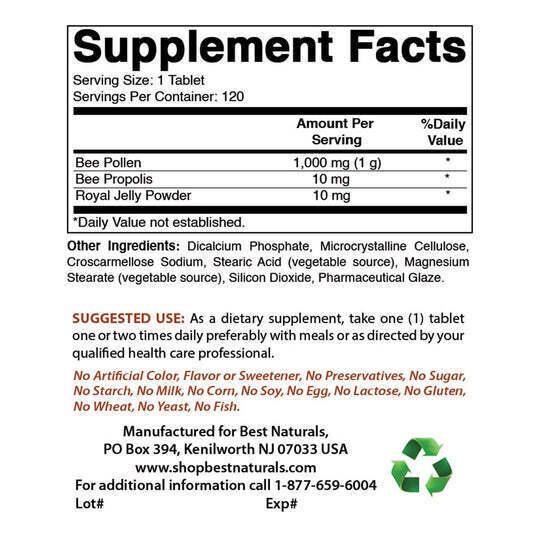 Bee Pollen 1000mg Bee Propolis and Royal Jelly Complex 120 Tabs Rich in Amino