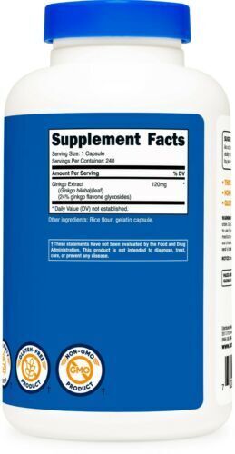 Ginkgo Biloba Extract 120mg, 5X240 Caps Gluten Free & Non-GMO Nutricost