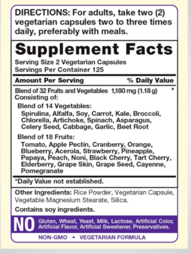 Nature Fruits and Veggies For Life 3X250 Caps per Bottle 30+ Fruits Vegetables