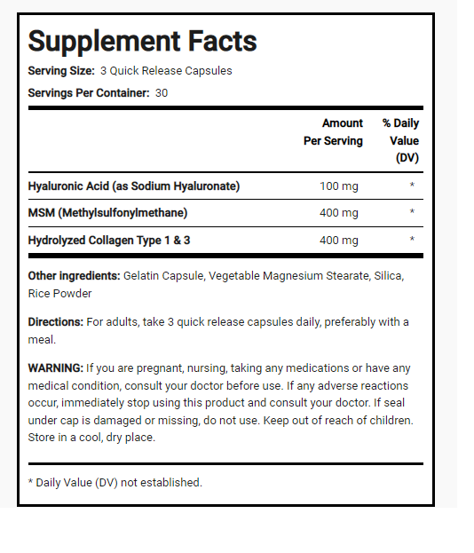 Hyaluronic Acid Complex 900mg 2X90 Caps Hydrolyzed Collagen Type 1 & 3 MSM