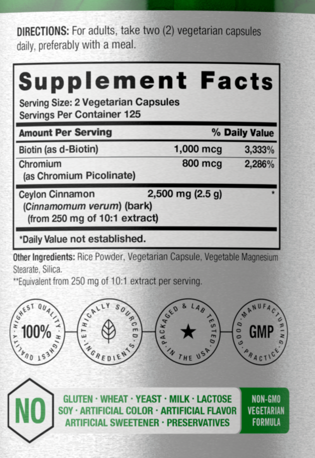 Ceylon Cinnamon 2500mg with Chromium & Biotin 250Caps Vegeterian/Non GMO