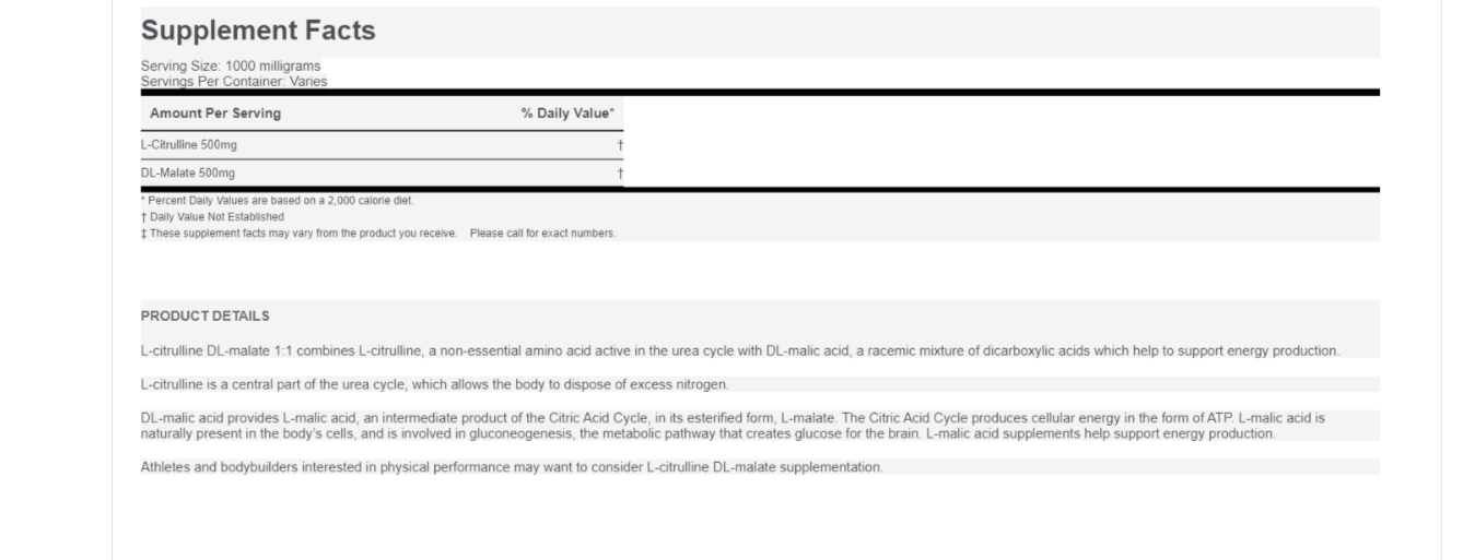 L-Citrulline Malate 1000mg Bulk 100 servings 100gram Bag