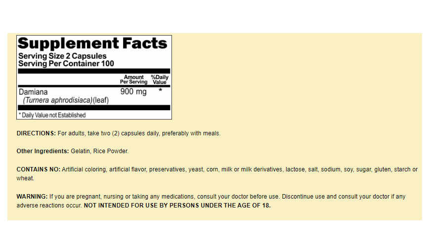 Damiana 900mg Turnera Aphrodisiaca Leaf 3X200 caps