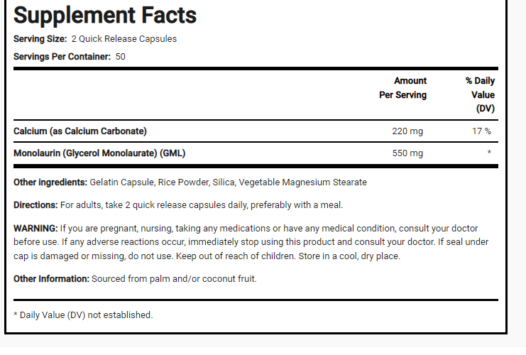 Monolaurin 550mg 200Caps Calcium Carbonate 220mg No Gluten/Non-GMO/No Preservat
