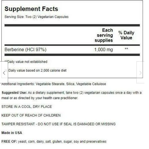 Only Natural Berberine 1000 mg 50 Vegetarian Capsules