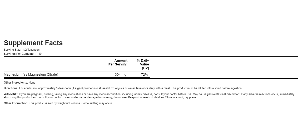 Magnesium Citrate Vegeterian Powder 8oz Enzyme Function Nervous System Support