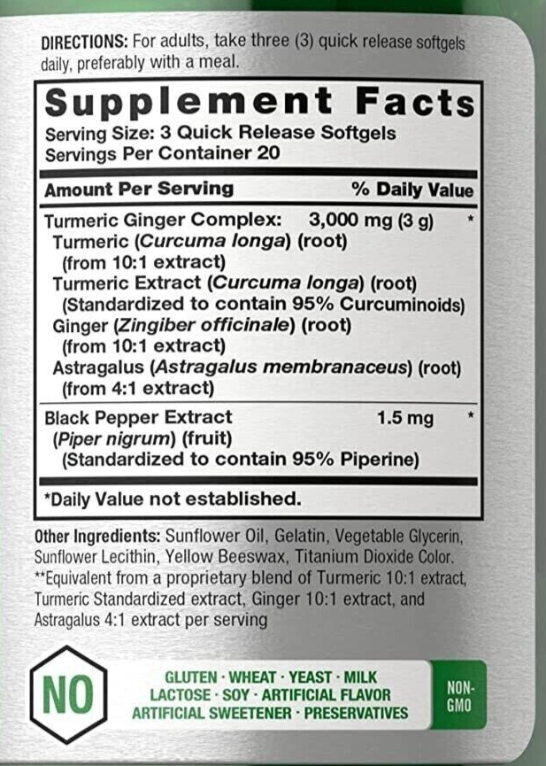 Turmeric Curcumin Ginger Complex 3000mg 60gels Black Pepper Non GMO/Gluten Free