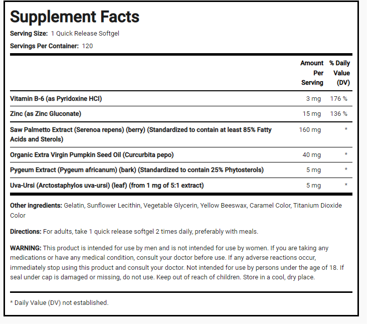 Prosta Palmmetto Saw Palmetto Complex 120gels Pumpkin Seed/Pygeum/Vitamin B-6