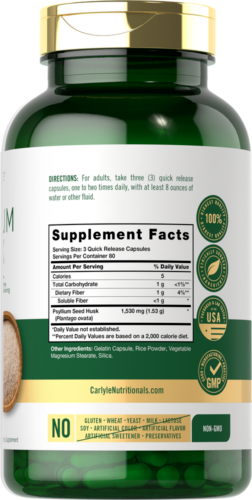 Psyllium Husk 1530mg 240 Caps Fiber Non GMO/gluten Free/No Preservatives