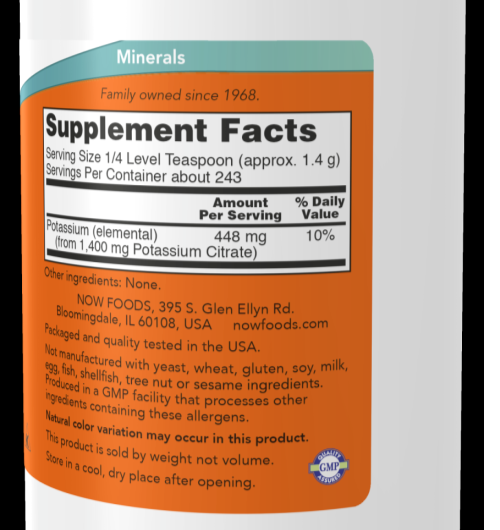 POTASSIUM CITRATE Pure Powder 340 grams 12 oz Now Foods 243 Servings per bottle