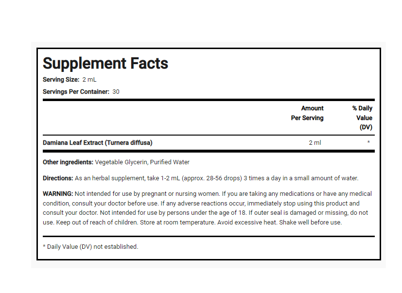 Damiana Leaf Liquid Extract 2oz Herbal Drops Alcohol Free