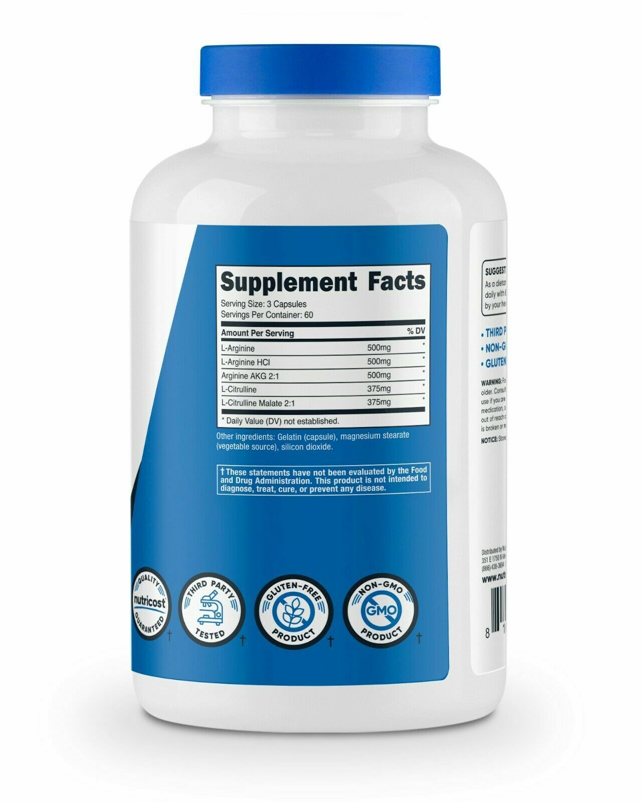 Nitric Oxide Booster 750mg 2X180Cap L-Argining/AKG/L-Citrulline/Malate Nutricost