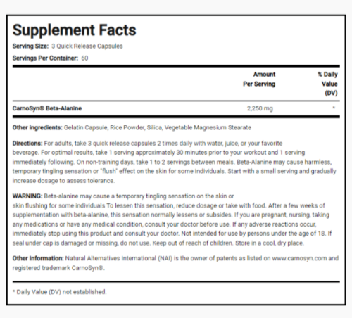 Piping Rock Beta Alanine 750mg 120 Capsules Beta Alanine 2250mg per 3 Caps