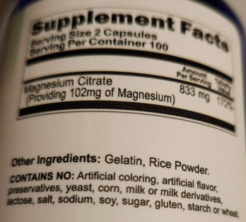 Magnesium Citrate 833mg 2X200 Caps - Made US/USDA Facility - Vitamins Because