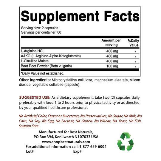 L-Arginine 1300mg AAKG/L-Citrulline Malate/Beet Root 120 Caps Nitric Oxide Boost