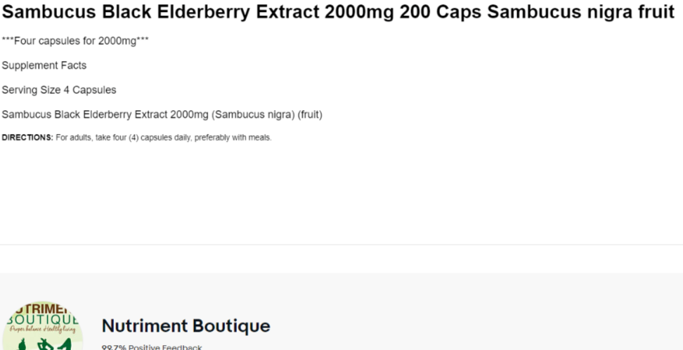Sambucus Black Elderberry Extract 2000mg 200 Caps Sambucus nigra fruit