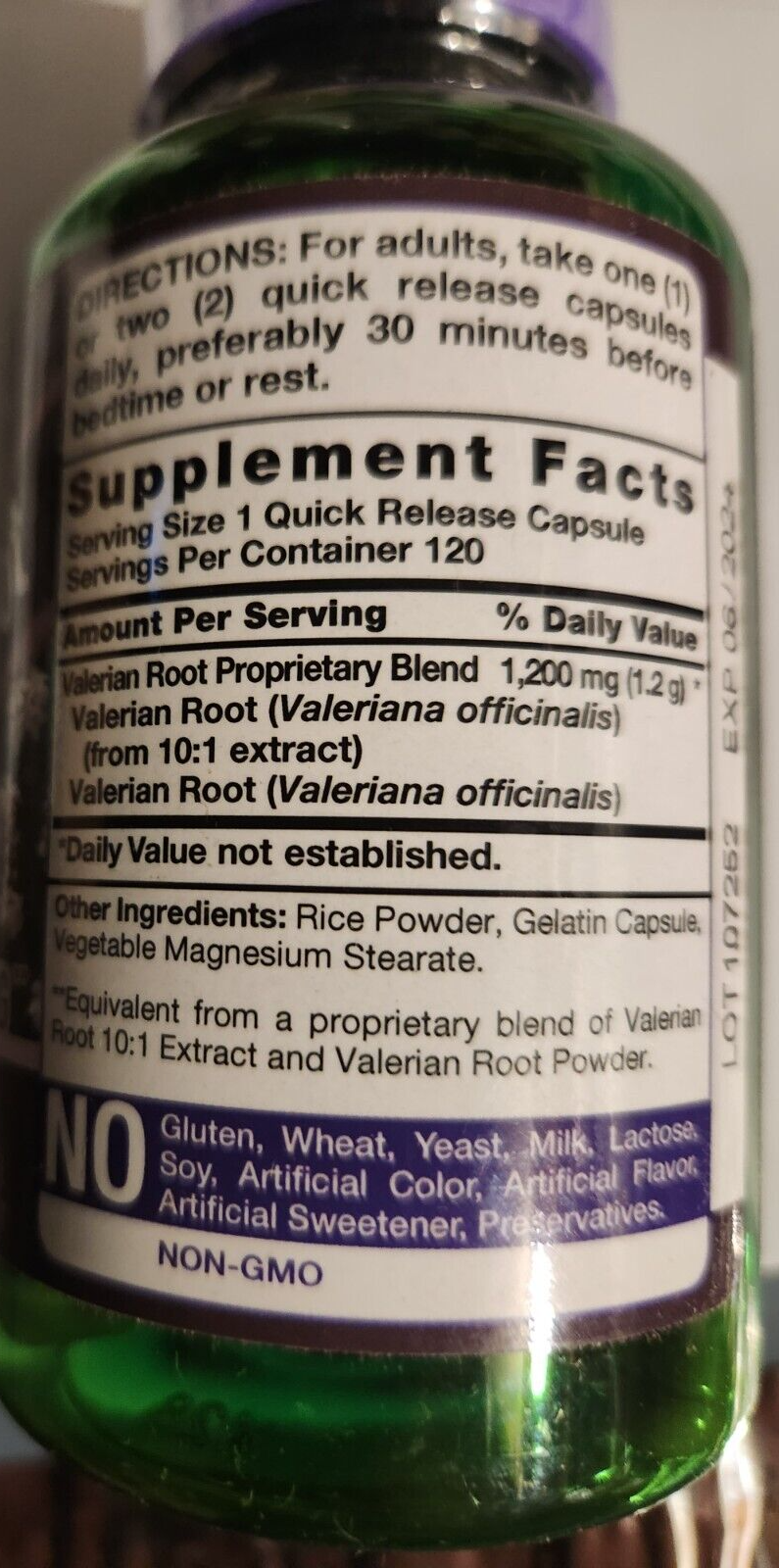 Valerian Root Extract 1200mg 120Caps No Gluten or Soy/Non-GMO