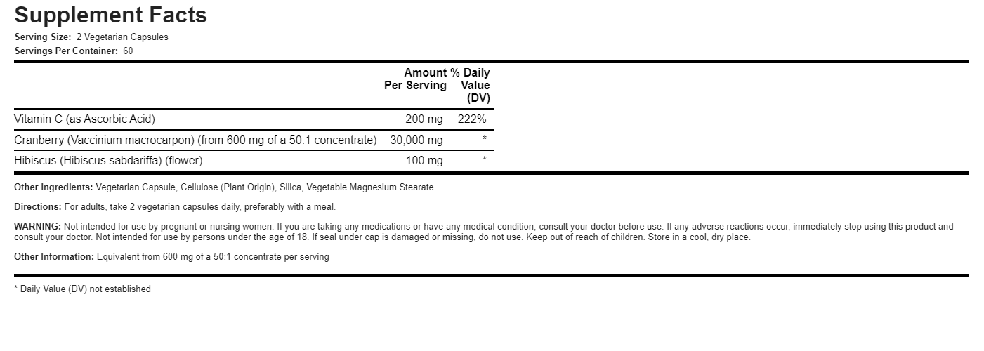 Ultra Triple Strength Cranberry 30,000mg Plus Vitamin C and Hibiscus 2X120 Caps